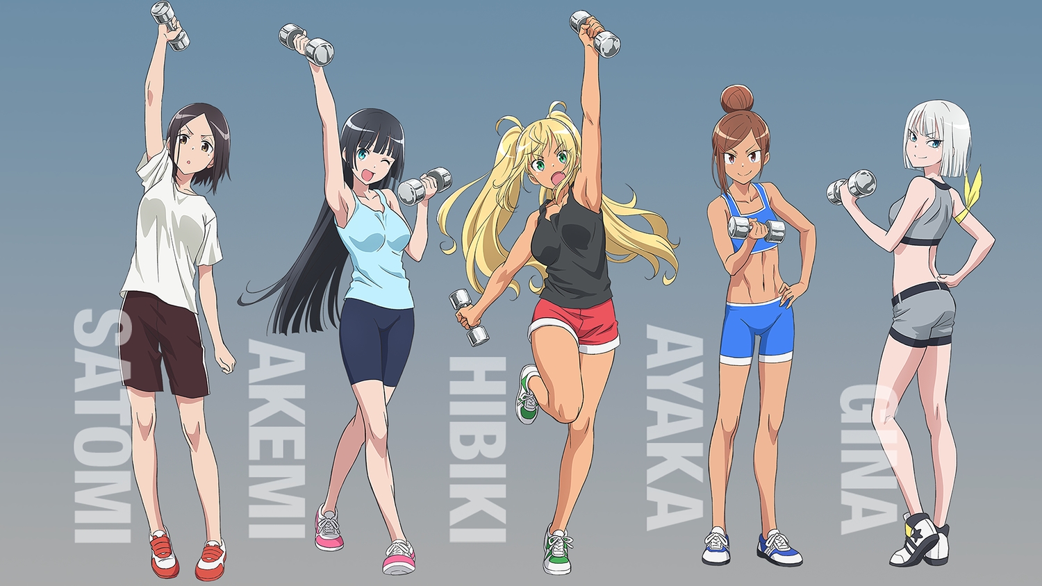 bike_shorts, black_hair, blonde_hair, brown_hair, dark_skin, dumbbell_nan_kilo_moteru?, gina_void, gradient