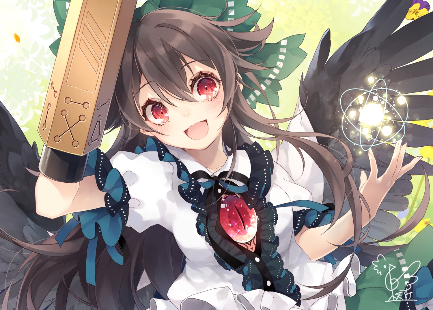 blush, brown_hair, long_hair, magic, red_eyes, reiuji_utsuho, signed, touhou
