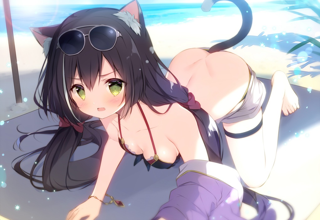 animal_ears, ass, barefoot, beach, bikini, black_hair, blush, catgirl, green_eyes, karyl, long_hair, princess_connect!, shiratama, shorts, sunglasses, swimsuit, twintails, water, wristwear