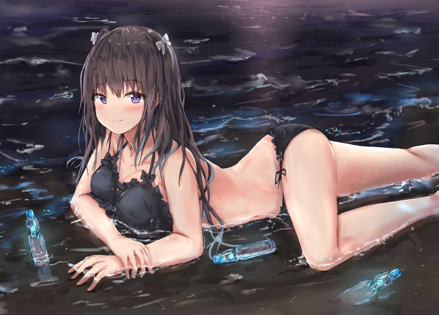 bikini, blush, brown_hair, long_hair, na_kyo, original, purple_eyes, swimsuit, water