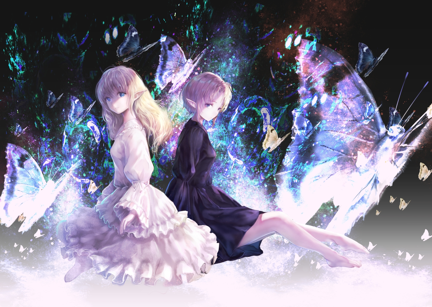 2girls, butterfly, dress, haori_iori, long_hair, original, pointed_ears, short_hair