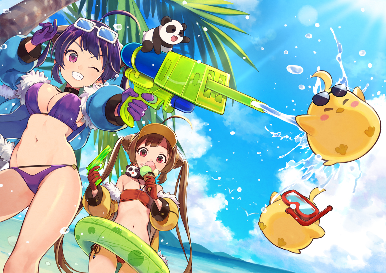 2girls, animal, anthropomorphism, azur_lane, bear, bikini, breasts, brown_hair