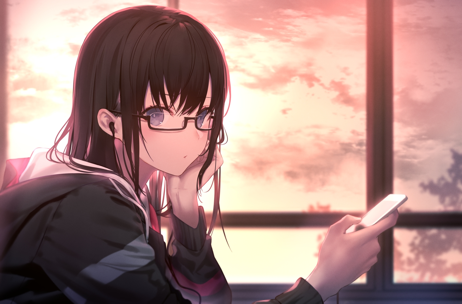 black_hair, blue_eyes, close, clouds, glasses, headphones, hood, long_hair