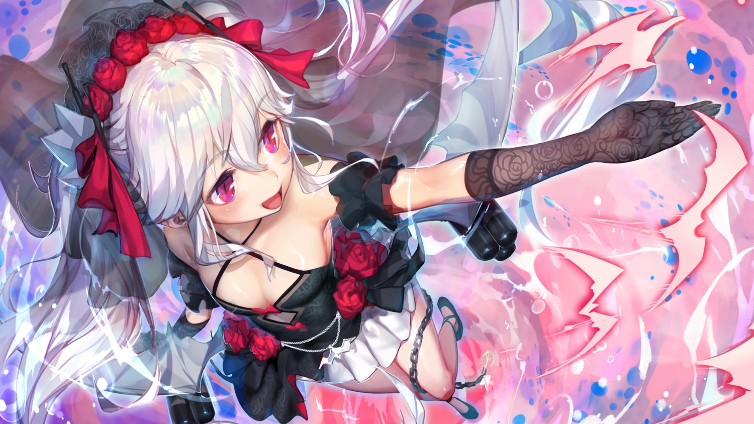 anthropomorphism, azur_lane, breasts, chain, cleavage, elbow_gloves, flowers, gloves, gorgeous_mushroom, headdress, long_hair, red_eyes, rose, skirt, vampire, vampire_(azur_lane), white_hair