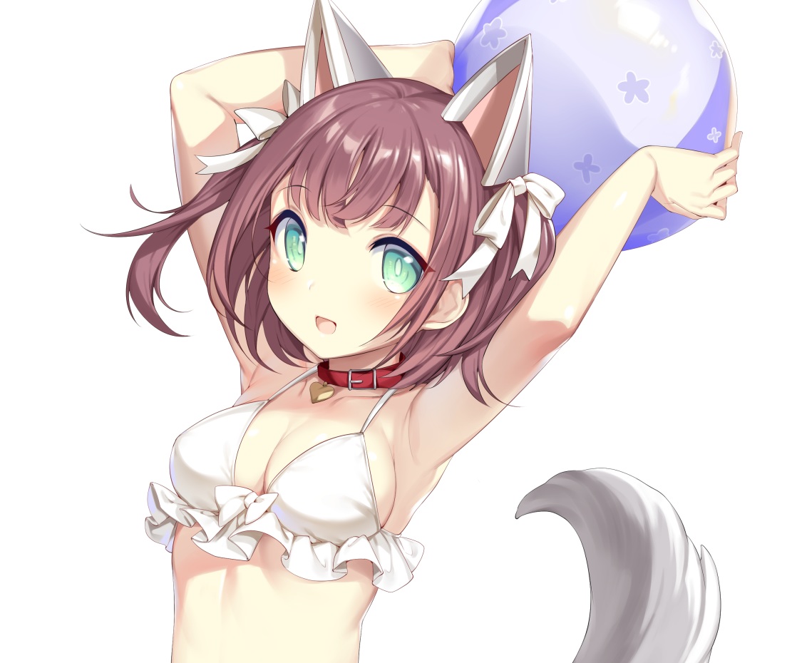 animal_ears, anthropomorphism, azur_lane, ball, bikini, blush, bow, breasts