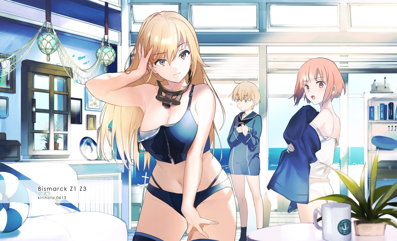 aliasing, anthropomorphism, bismarck_(kancolle), blonde_hair, breasts, brown_eyes, cleavage, cropped