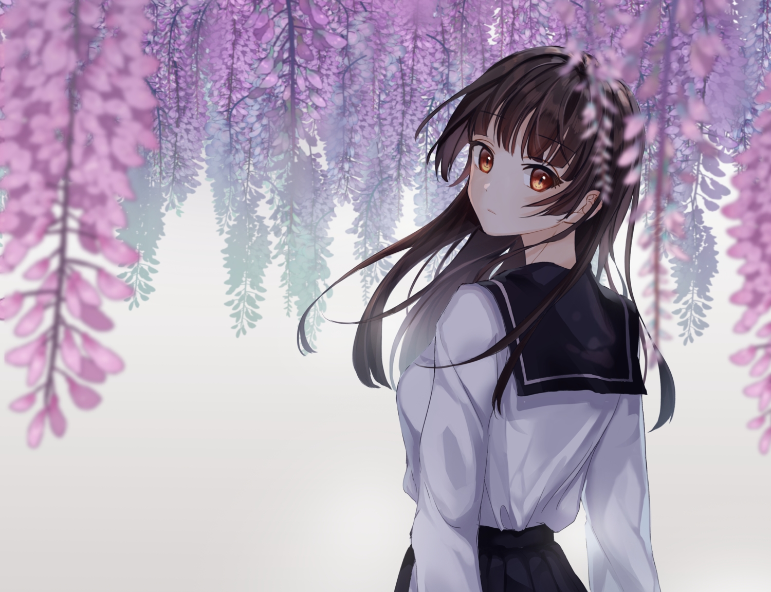 brown_eyes, brown_hair, connie_(keean2019), cropped, flowers, long_hair, original, school_uniform