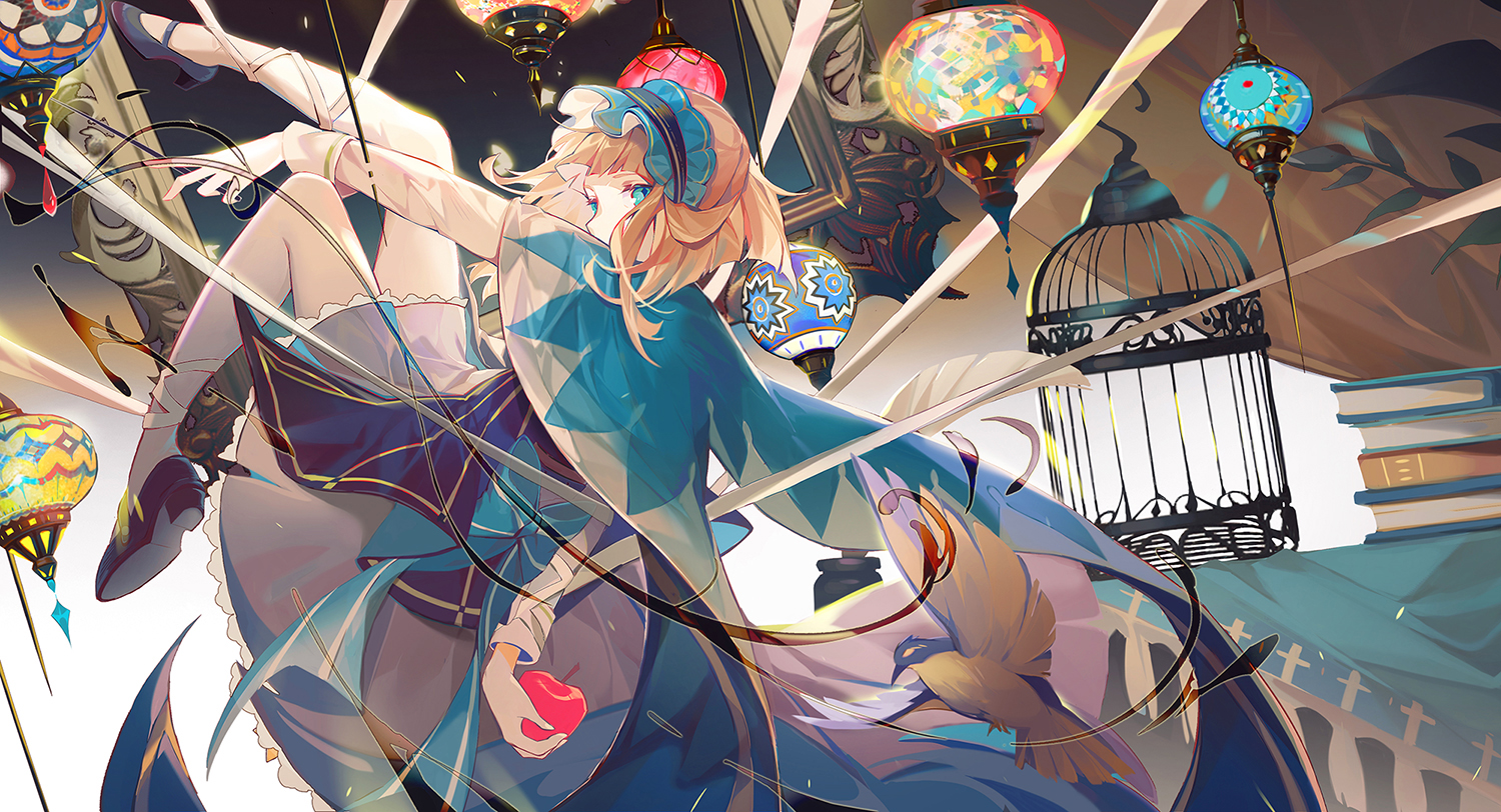 animal, apple, aqua_eyes, bird, blonde_hair, book, bow, cage