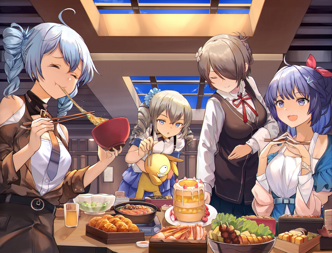 blue_eyes, blue_hair, brown_hair, cake, doll, drink, food, gray_hair