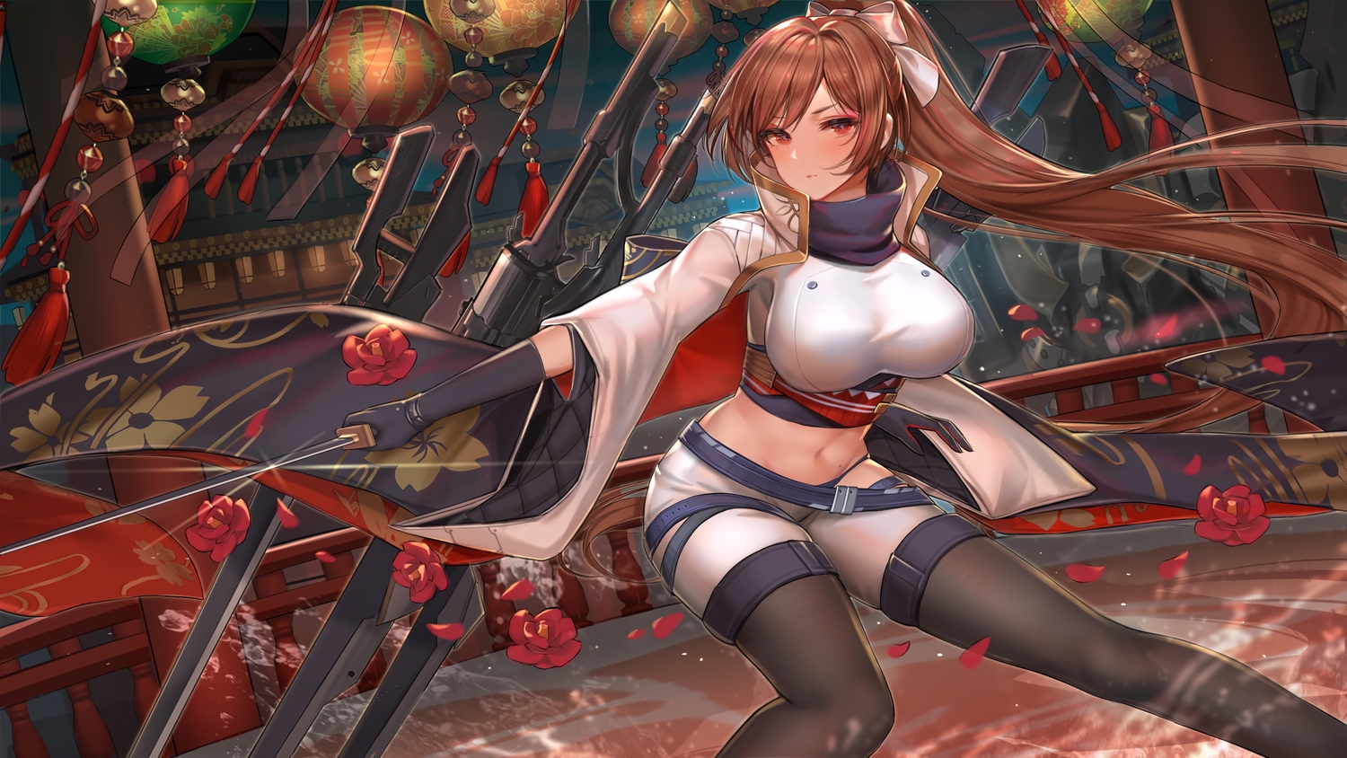 breasts, brown_hair, elbow_gloves, final_gear, flowers, gloves, japanese_clothes, katana, kujou_aya, long_hair, navel, pantyhose, ponytail, red_eyes, shorts, sword, weapon, zjsstc