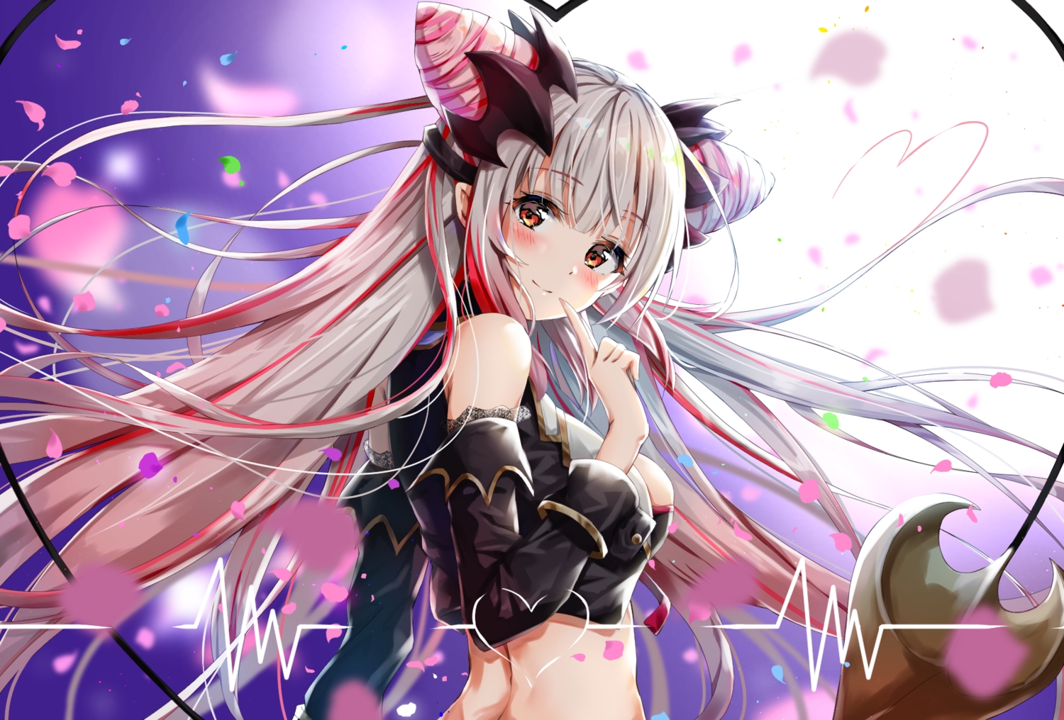 blush, cherry_blossoms, demon, flowers, gray_hair, honey_strap, kuria_(clear_trip_second), long_hair, pointed_ears, red_eyes, suou_patra