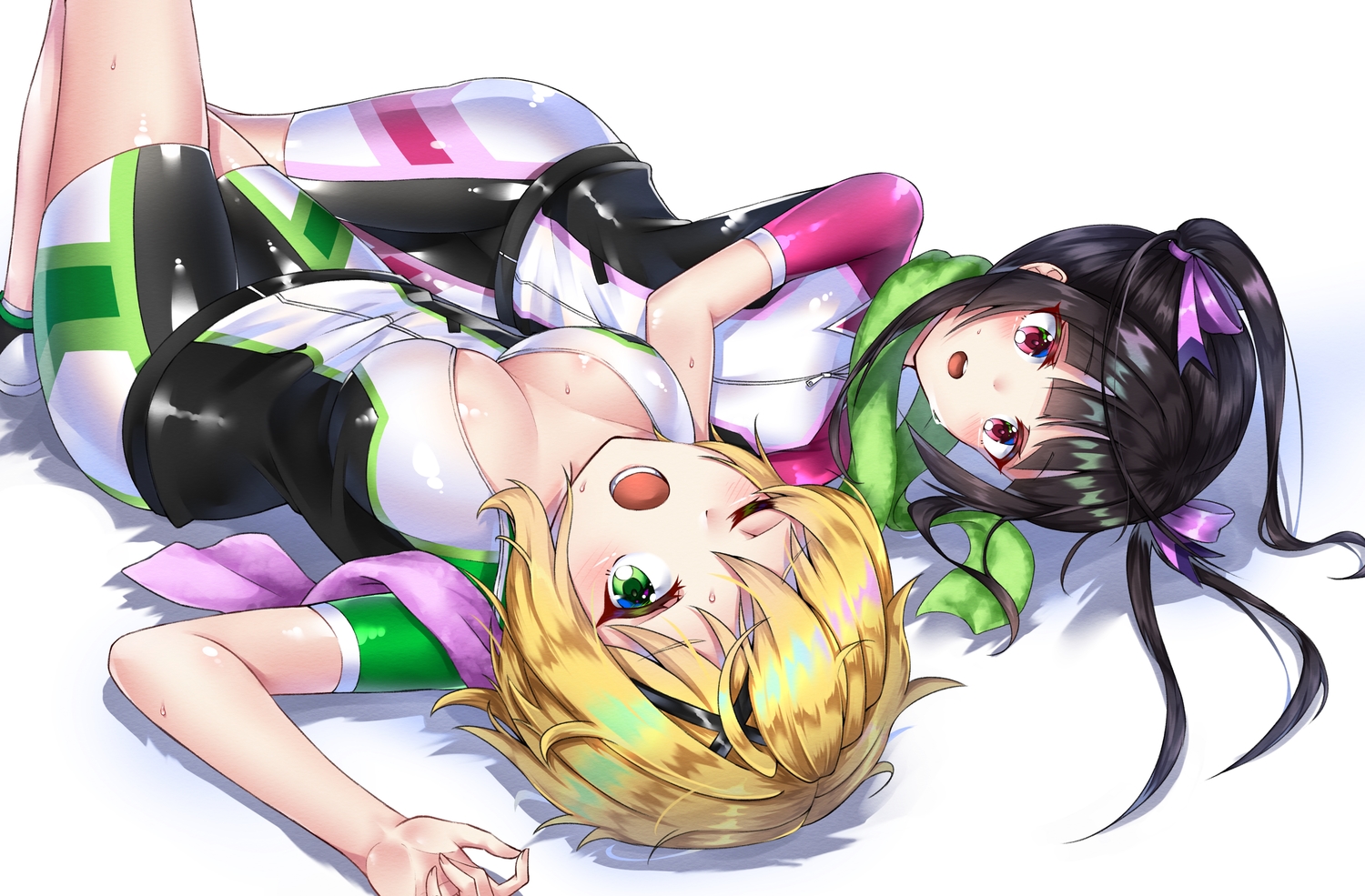 2girls, akatsuki_kirika, bike_shorts, black_hair, blonde_hair, blush, bow, breasts