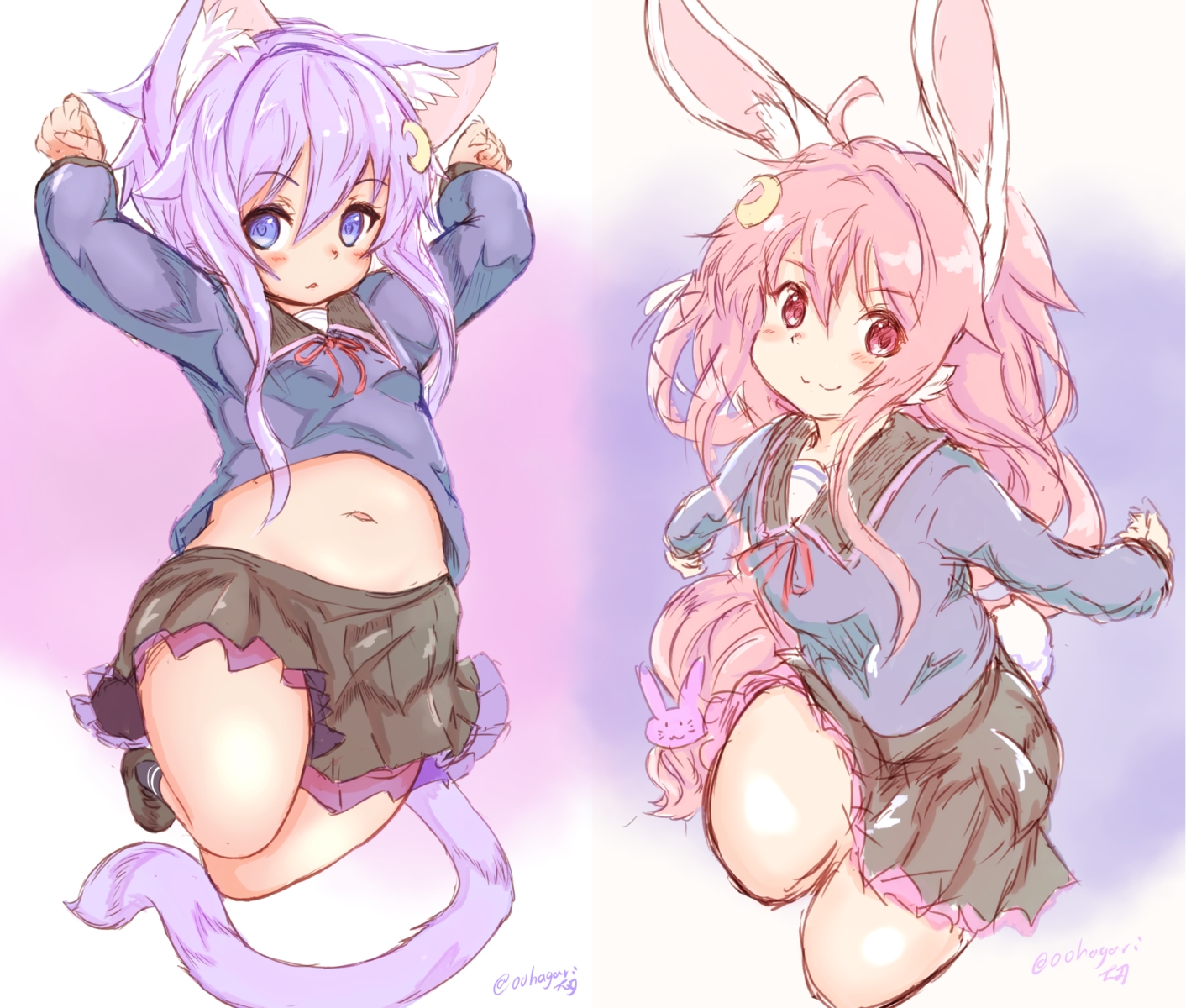 2girls, animal_ears, anthropomorphism, blue_eyes, bunny_ears, bunnygirl, catgirl, cropped, kantai_collection, loli, long_hair, navel, ooba_jun, pink_eyes, pink_hair, purple_hair, school_uniform, short_hair, signed, sketch, skirt, tail, uzuki_(kancolle), white, yayoi_(kancolle)