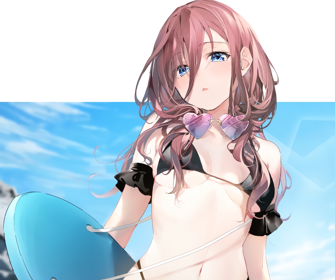 bikini, blue_eyes, blush, brown_hair, clouds, cropped, go-toubun_no_hanayome, long_hair, nakano_miku, navel, sky, sunglasses, swimsuit, umibouzo_(niito), waifu2x