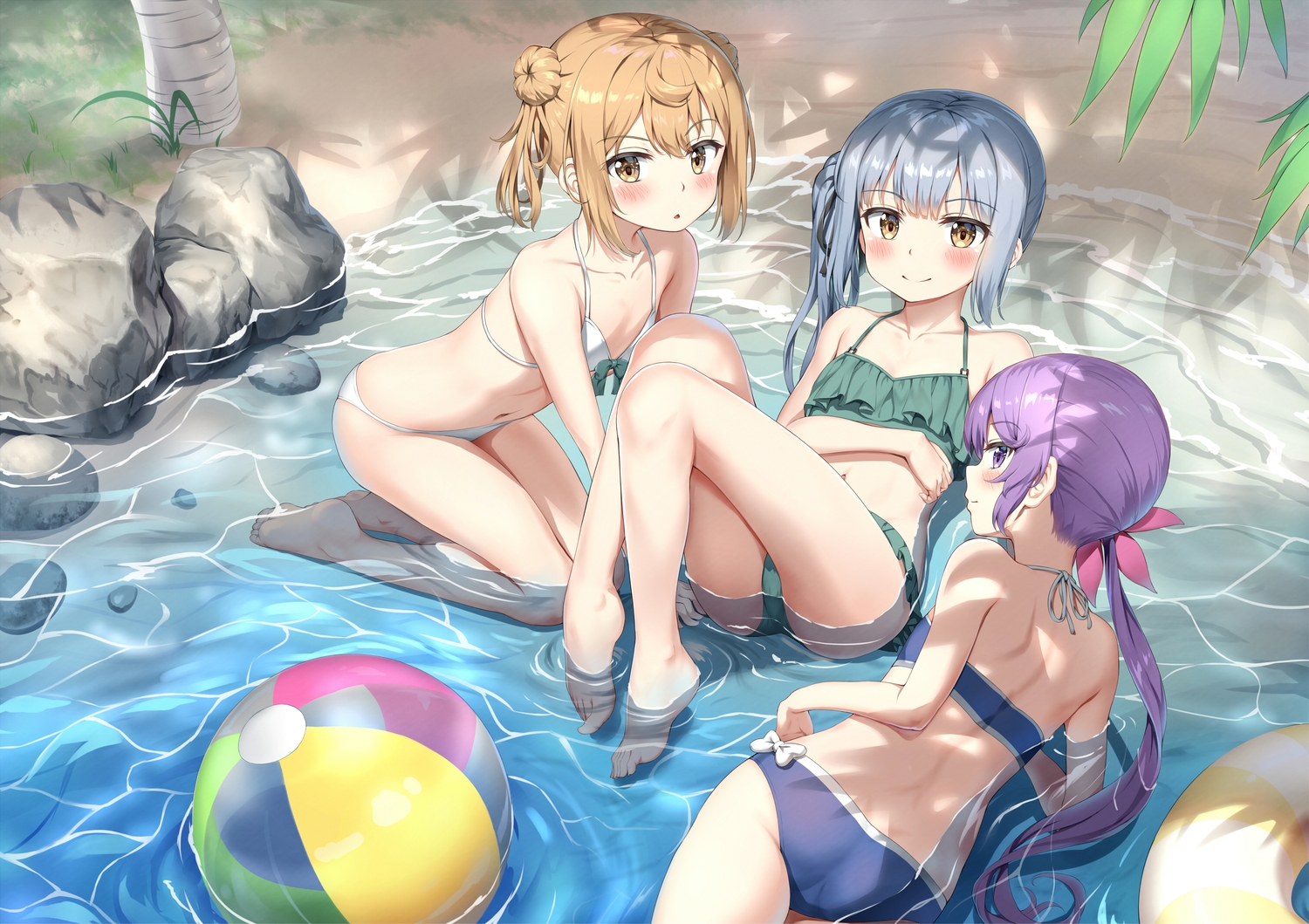 akebono_(kancolle), anthropomorphism, ball, barefoot, bikini, blush, brown_eyes, flat_chest, gray_hair, kantai_collection, kasumi_(kancolle), long_hair, michishio_(kancolle), navel, nedia_r, ponytail, purple_eyes, purple_hair, swimsuit, water