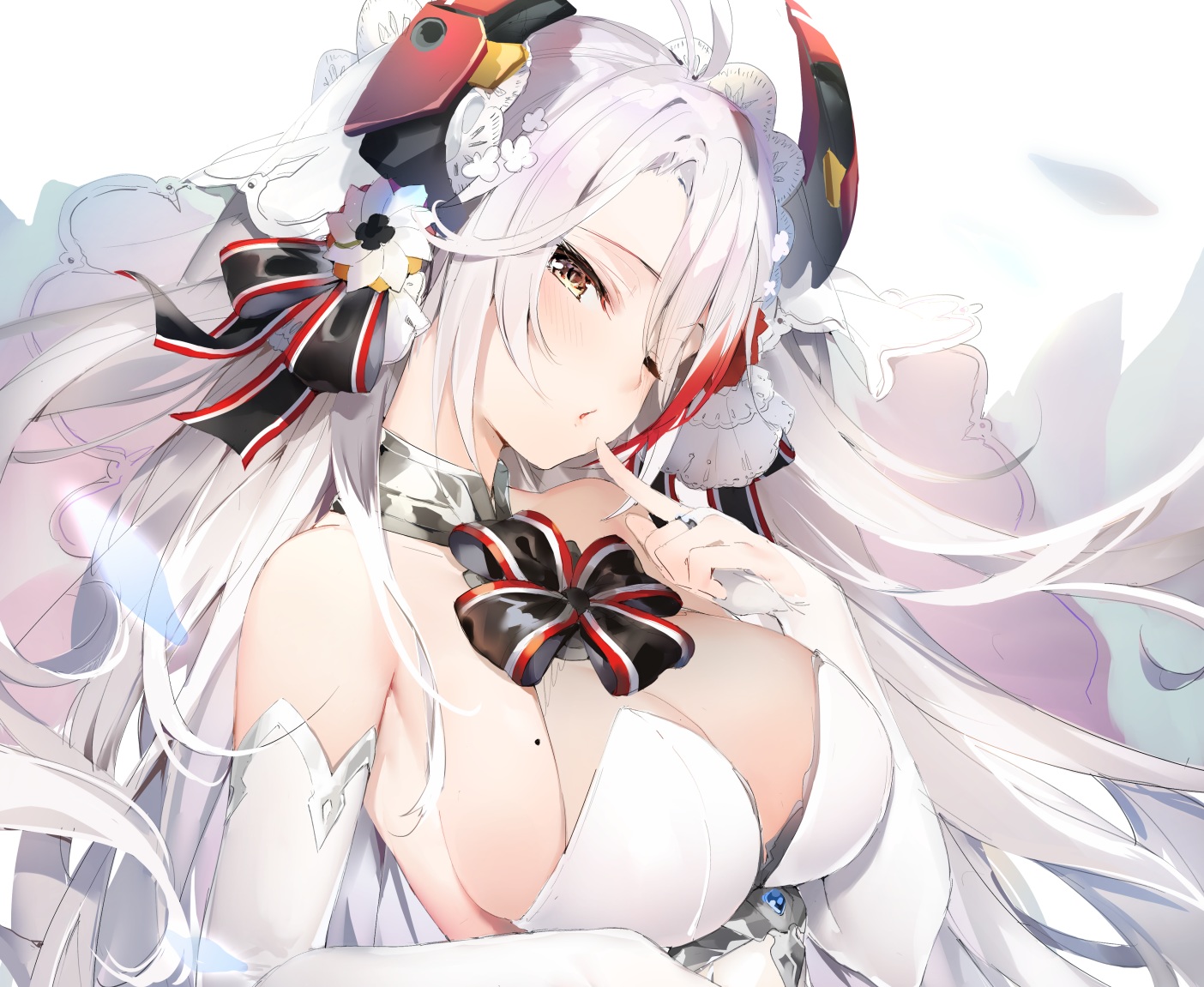 anthropomorphism, azur_lane, blush, bow, breasts, close, cropped, elbow_gloves, gloves, horns, long_hair, prinz_eugen_(azur_lane), see_through, sideboob, umibouzo_(niito), white_hair, wink, yellow_eyes