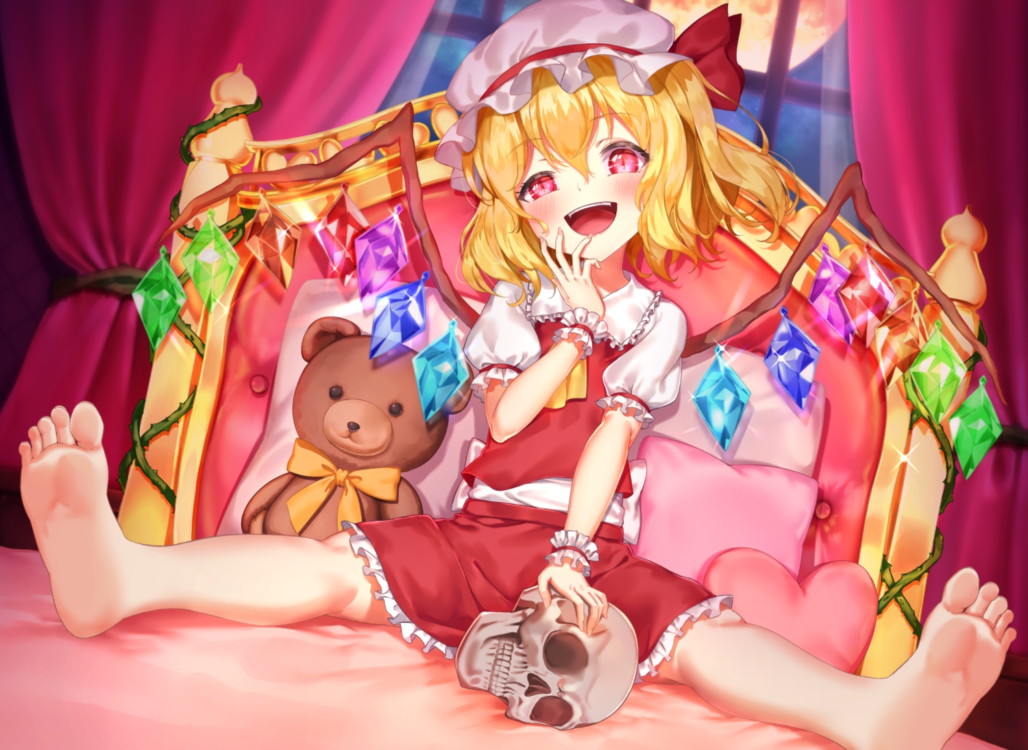 barefoot, bed, blonde_hair, blush, flandre_scarlet, hachinatsu, hat, loli