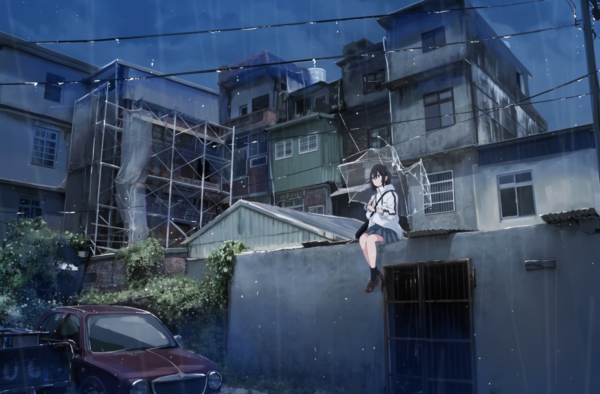 black_hair, building, car, city, night, original, rain, sakeharasu