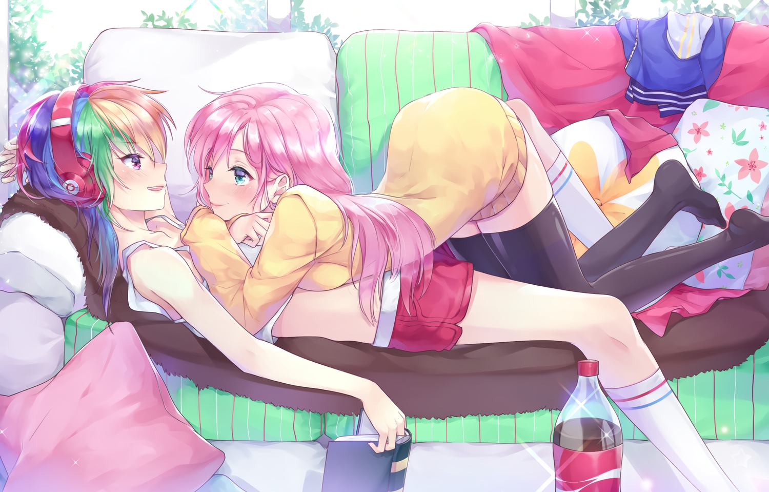 2girls, anthropomorphism, blush, book, couch, daefny, drink, fluttershy