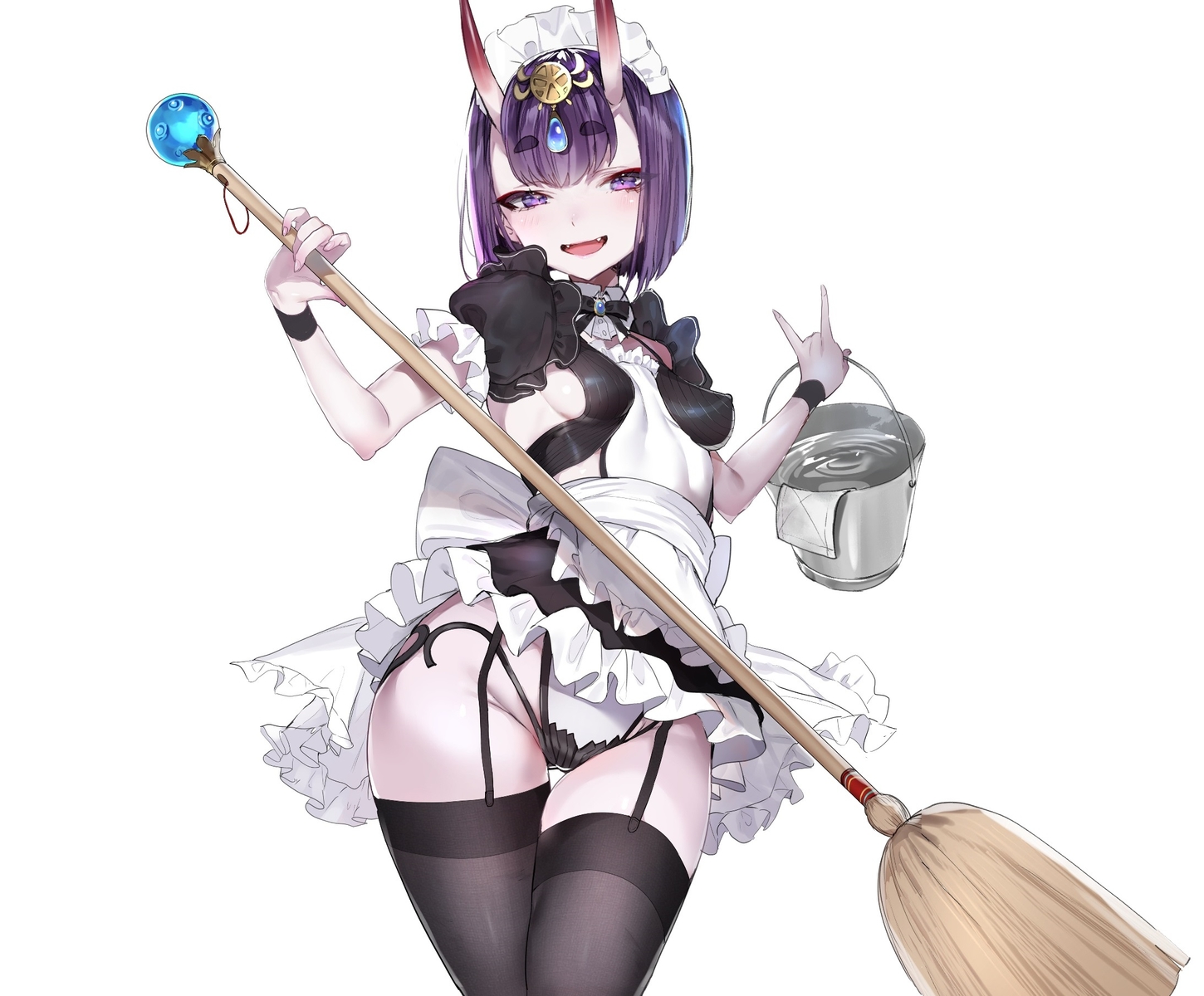 apron, blush, bodysuit, breasts, cropped, demon, erect_nipples, fang, fate/grand_order, fate_(series), garter_belt, headdress, horns, maid, nekometaru, purple_eyes, purple_hair, short_hair, shuten_douji_(fate), sideboob, skirt, stockings, thighhighs, white, wristwear