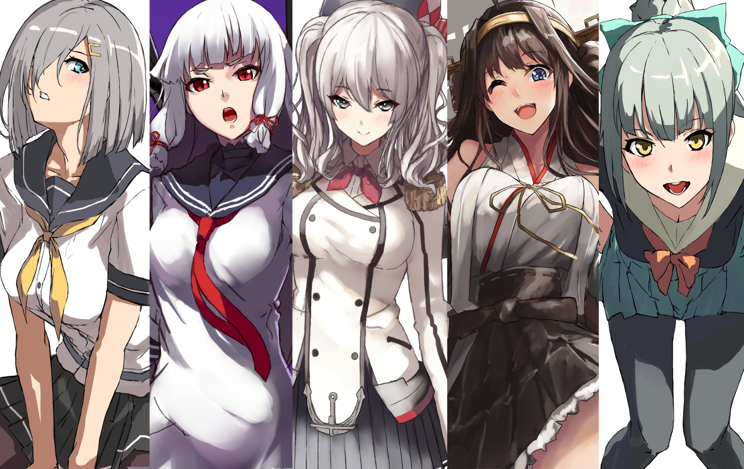 anthropomorphism, aqua_eyes, blue_eyes, blush, breasts, cleavage, gray_hair, green_eyes