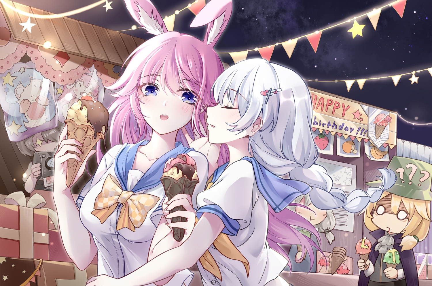 animal_ears, blue_eyes, blush, braids, bronya_zaychik, bunny_ears, bunnygirl, festival