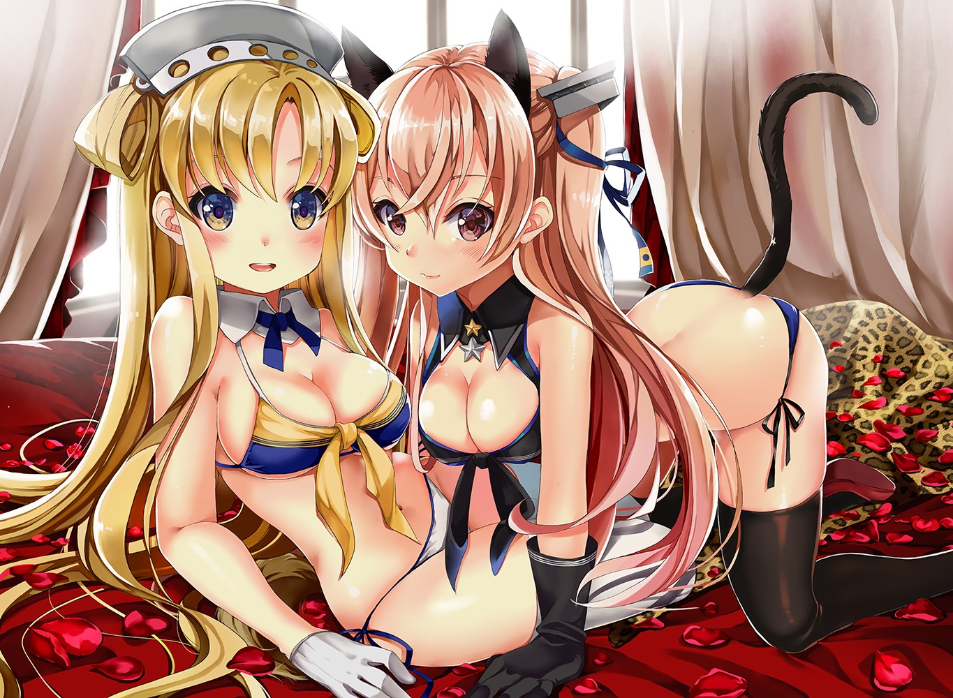 2girls, animal_ears, anthropomorphism, blonde_hair, blush, breasts, catgirl, cleavage