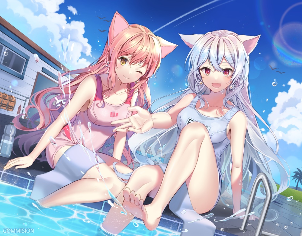 2girls, animal_ears, barefoot, blush, building, catgirl, clouds, drink, elsword, gray_hair, long_hair, pinb, pink_hair, pool, red_eyes, school_swimsuit, sky, swimsuit, tagme_(character), towel, water, wink, yellow_eyes