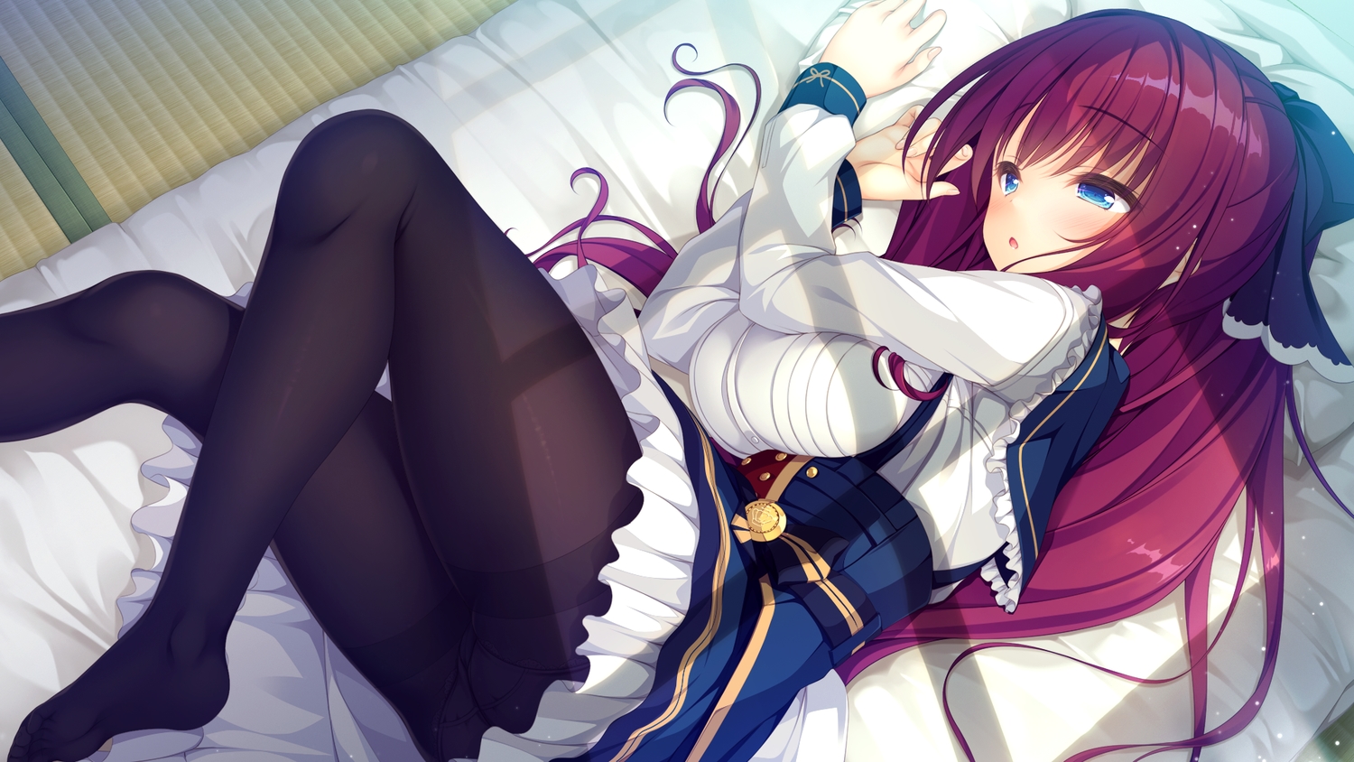 aino_miori, aqua_eyes, bed, game_cg, long_hair, mikagami_mamizu, pantyhose, pieces/wataridori_no_somnium, red_hair, whirlpool