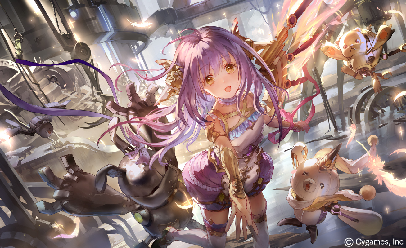choker, feathers, industrial, liiko, long_hair, orange_eyes, purple_hair, ribbons
