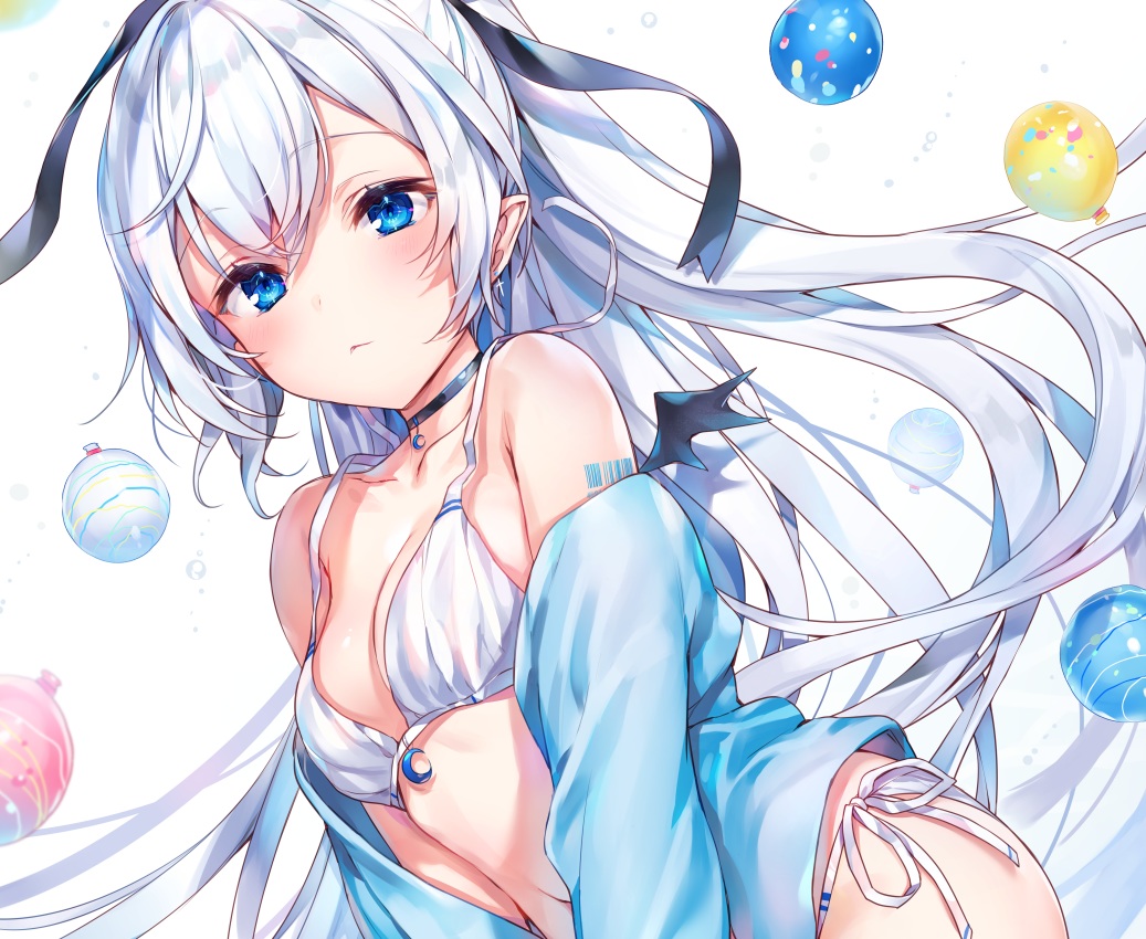 bikini, blue_eyes, blush, breasts, choker, cleavage, cropped, hood