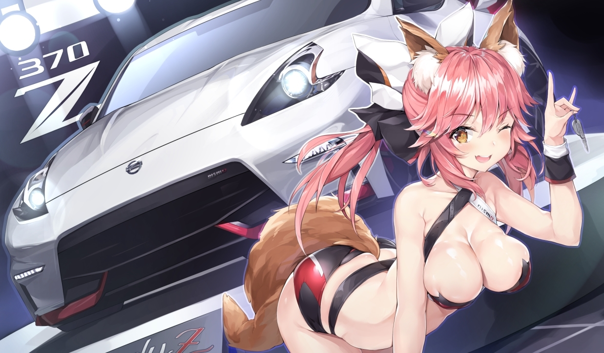 animal_ears, breasts, brown_eyes, car, cleavage, fang, fate/extra, fate_(series)