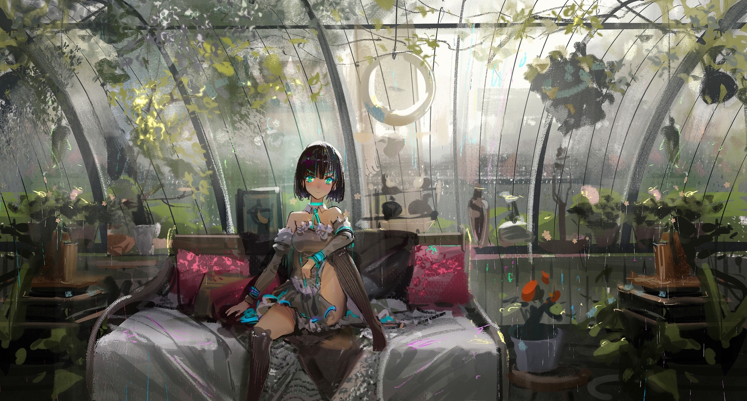 bed, black_hair, choker, corset, green_eyes, kneehighs, kvpk5428, leaves