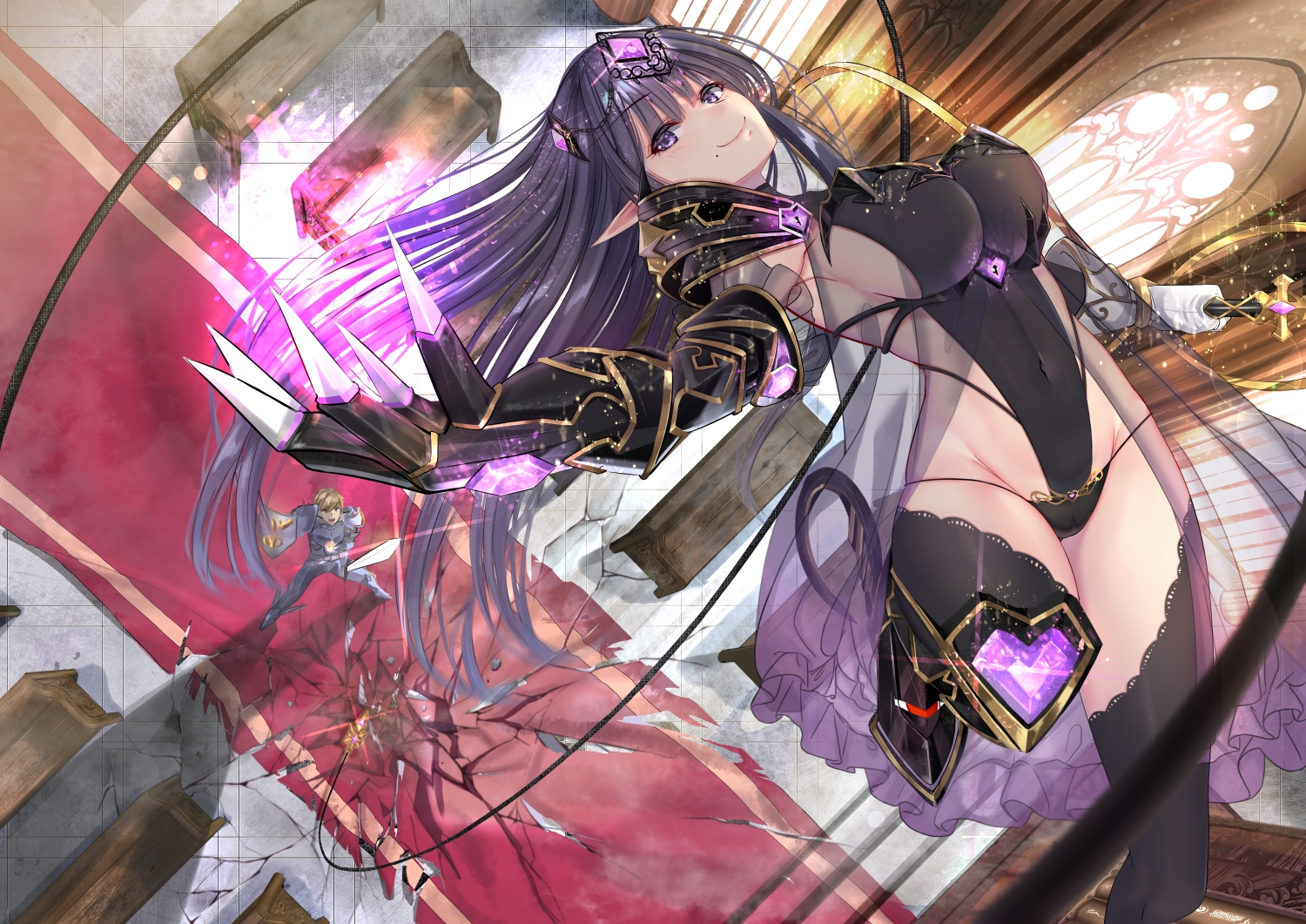 armor, bodysuit, breasts, cameltoe, elbow_gloves, gloves, headdress, leotard