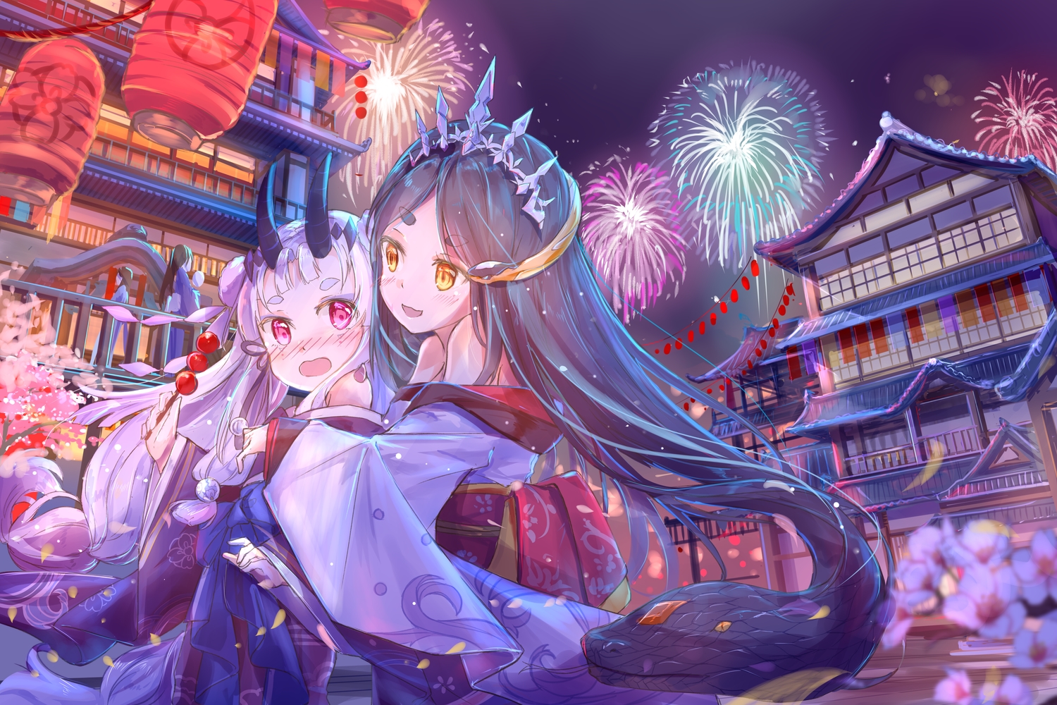 2girls, animal, black_hair, blush, bow, building, cat_smile, cherry_blossoms, fireworks, flowers, food, headdress, horns, hug, japanese_clothes, kimono, loli, long_hair, night, orange_eyes, peas_(peas0125), pink_eyes, shoujo_ai, sky, snake, tagme_(character), white_hair, world_of_lethe