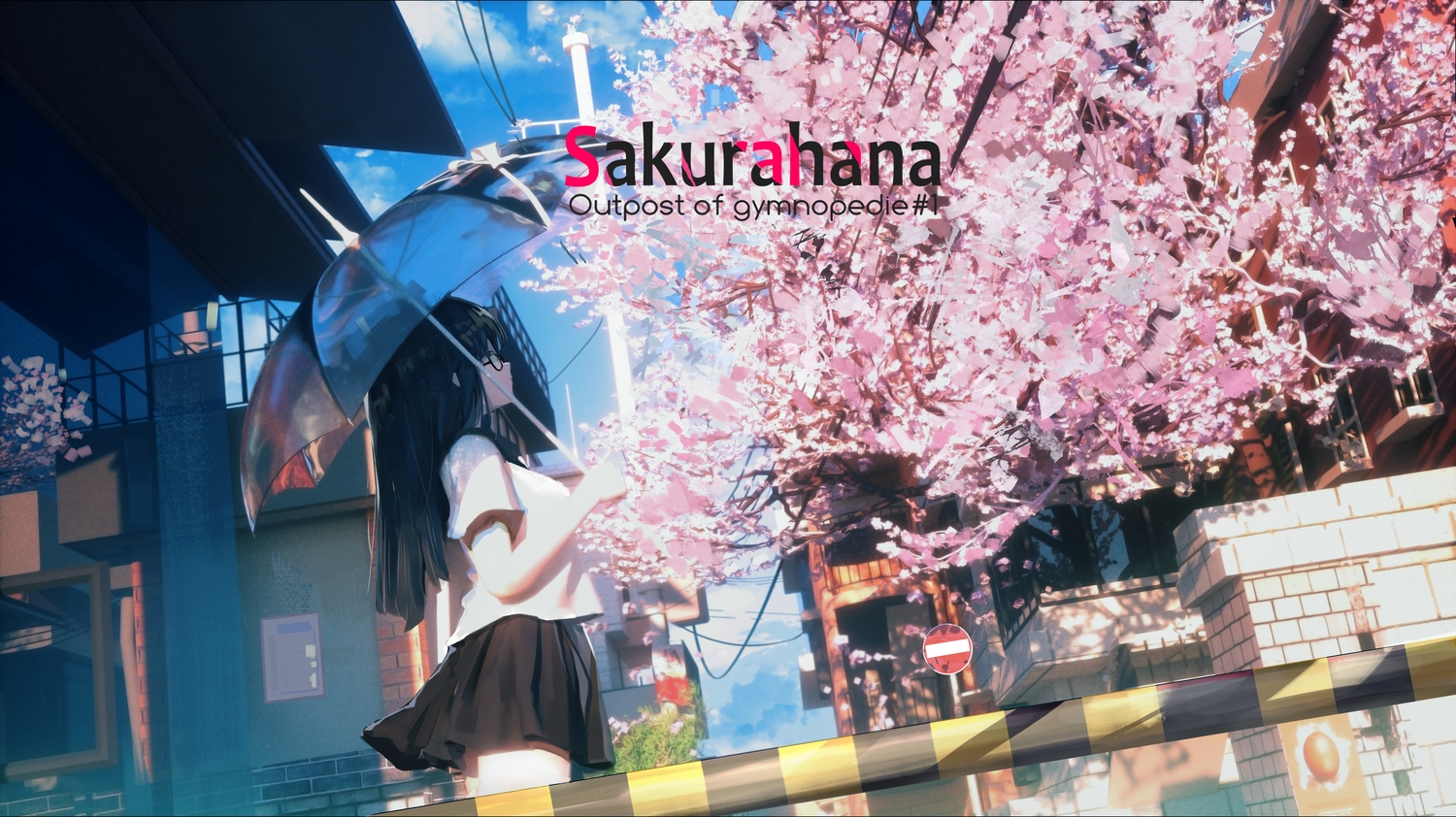 aqua_eyes, black_hair, building, cherry_blossoms, city, clouds, fantongjun, flowers