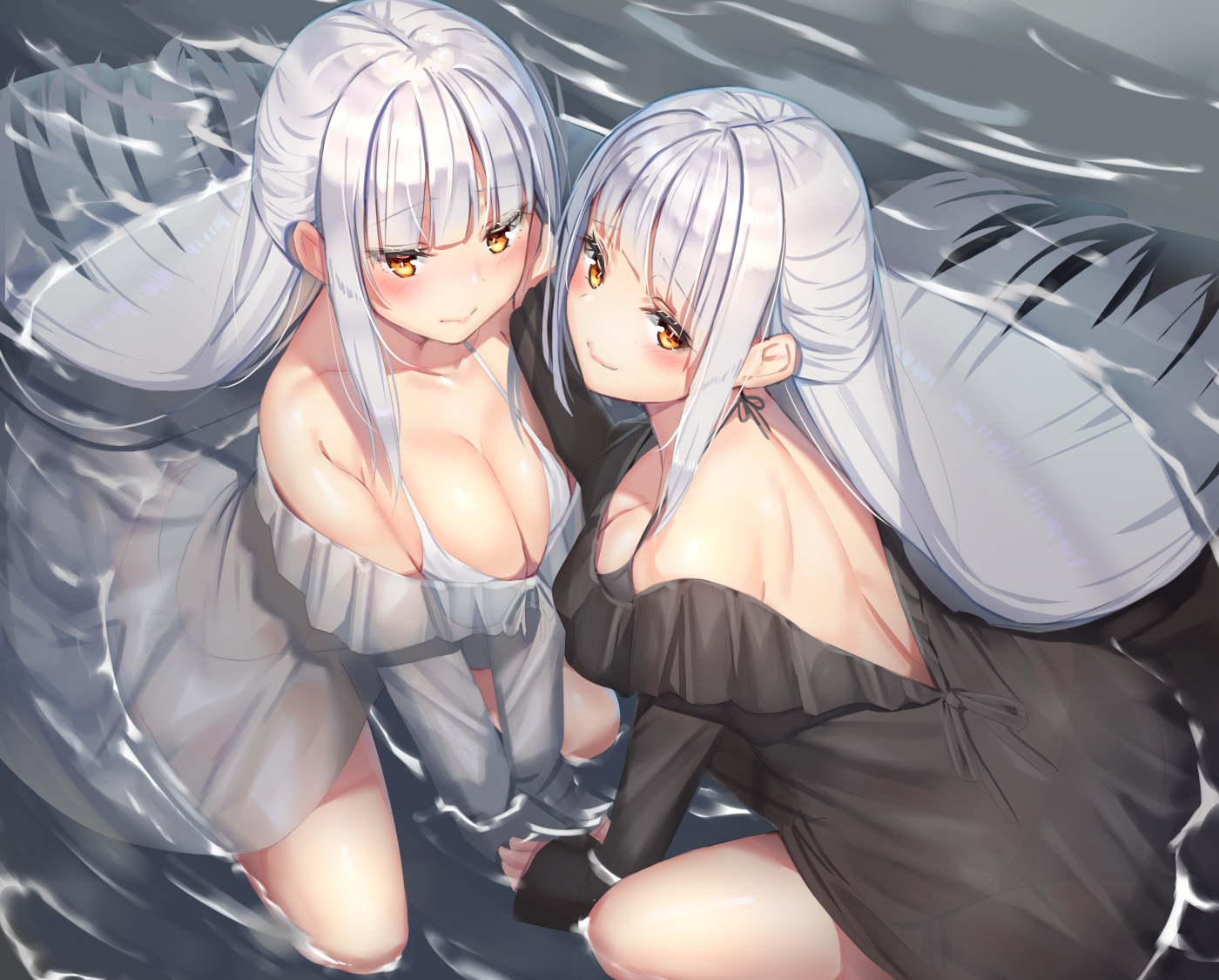 2girls, bikini, blush, breasts, cropped, dress, long_hair, orange_eyes