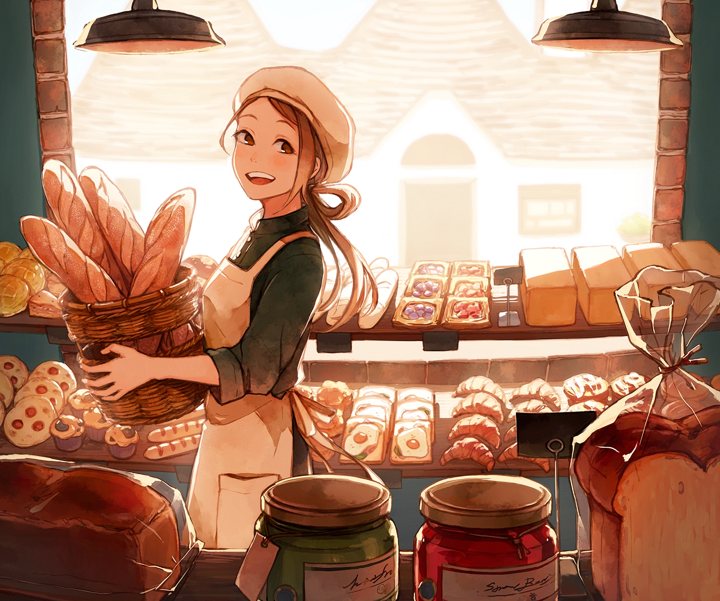 akagi_shun, apron, brown_hair, building, cropped, food, hat, long_hair, original, red_eyes, scenic, waifu2x