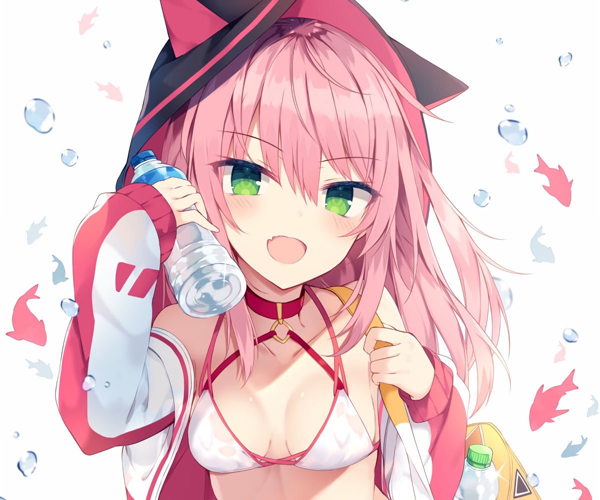 animal, animal_ears, blush, collar, cropped, drink, fang, fish