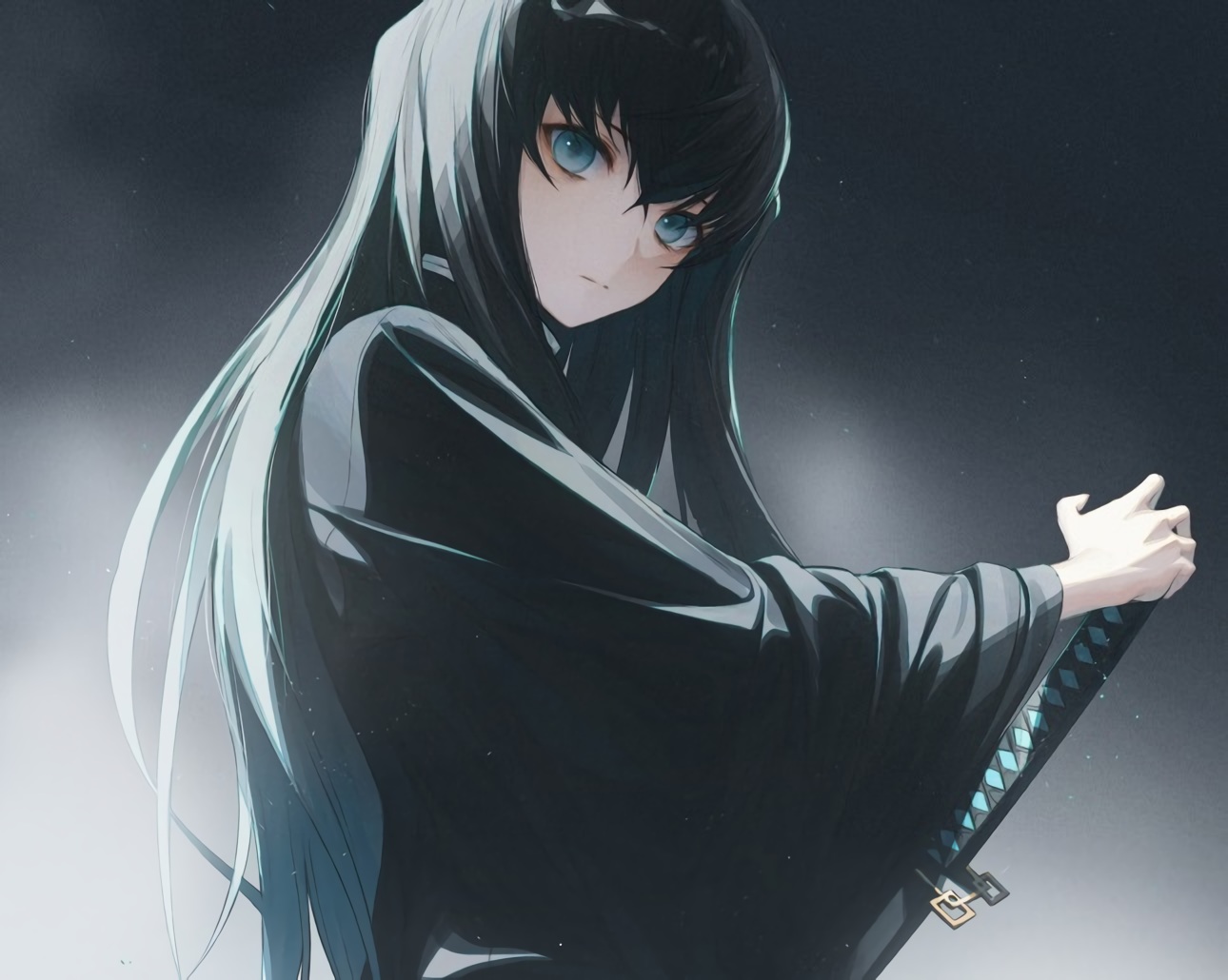 all_male, black_hair, blue_eyes, cropped, dark, japanese_clothes, katana, kimetsu_no_yaiba, long_hair, male, sword, tokitou_muichirou, waifu2x, wanke, weapon