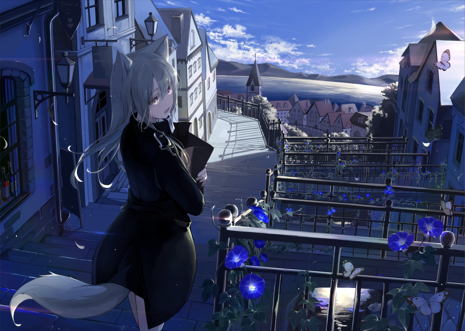 animal_ears, butterfly, clouds, flowers, gray_hair, landscape, long_hair, mikisai