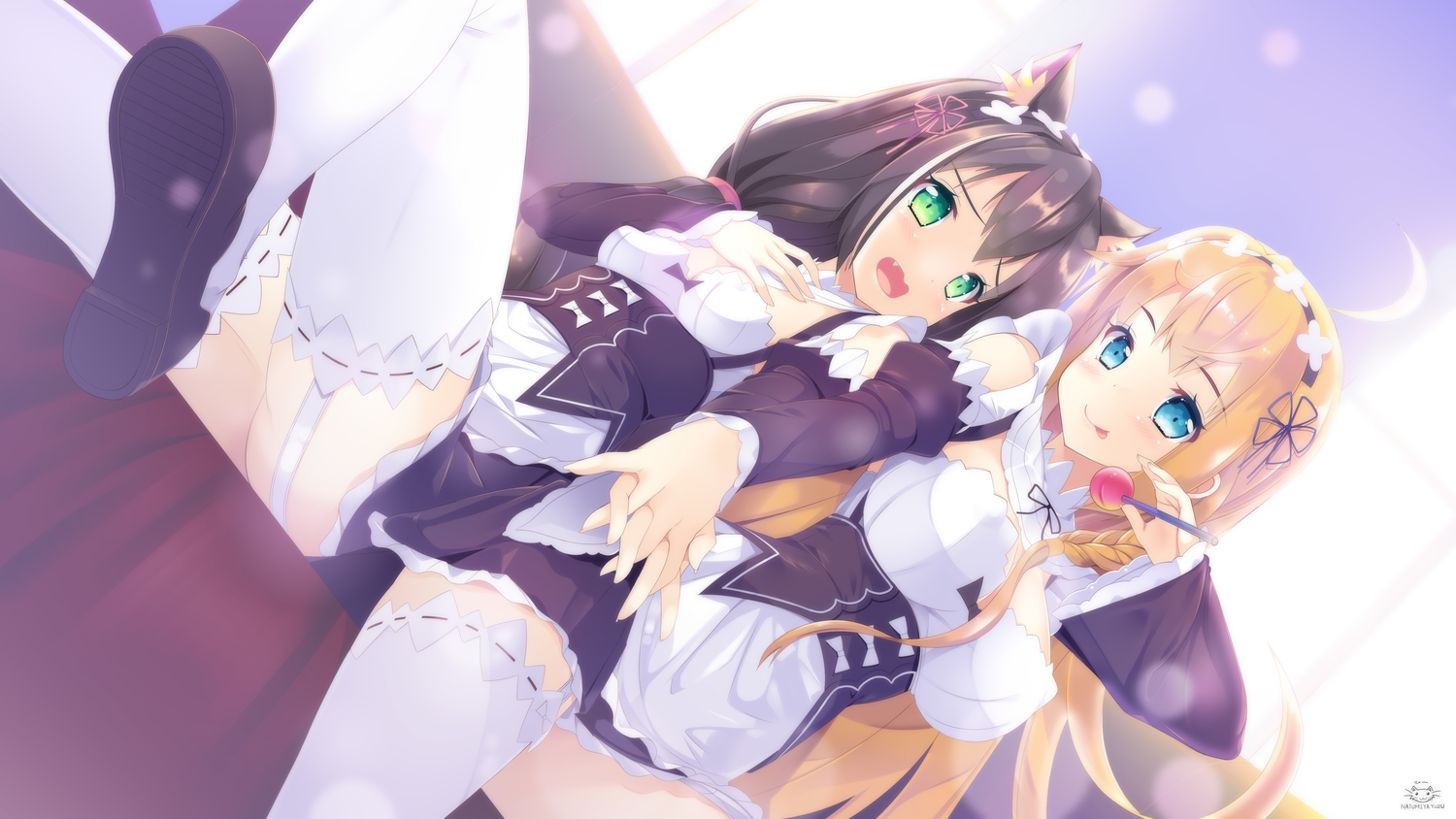 2girls, animal_ears, apron, aqua_eyes, black_hair, blush, breasts, candy