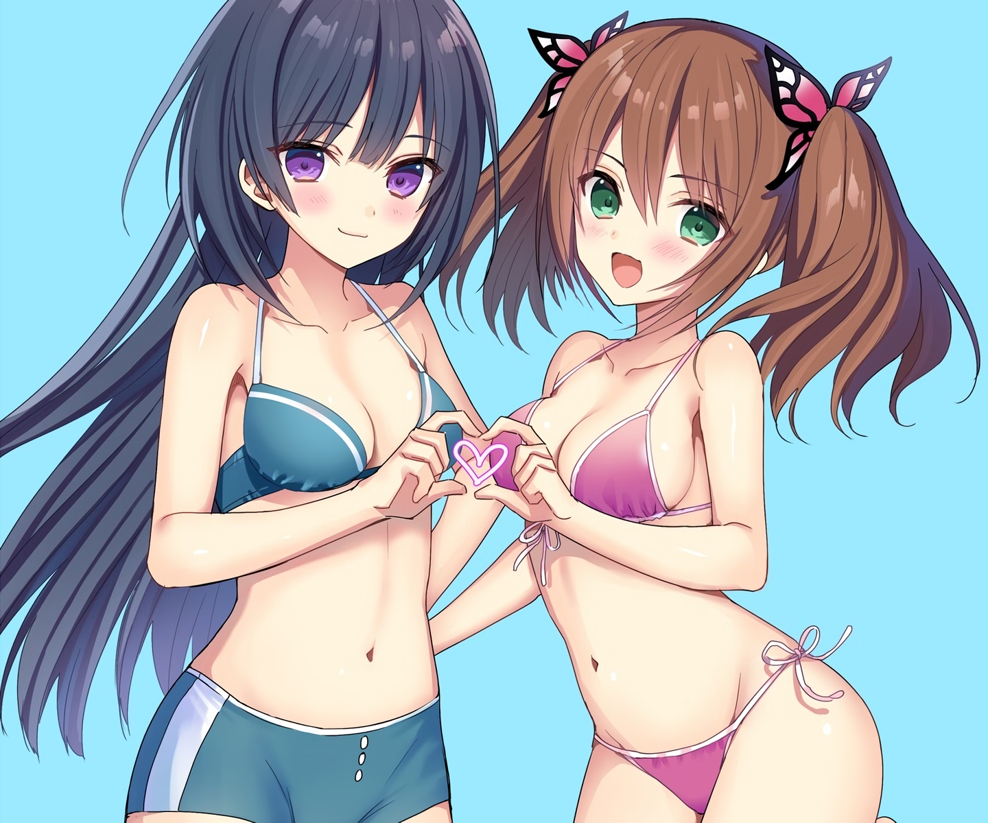 2girls, asa_project, bikini, black_hair, blush, breasts, brown_hair, cleavage