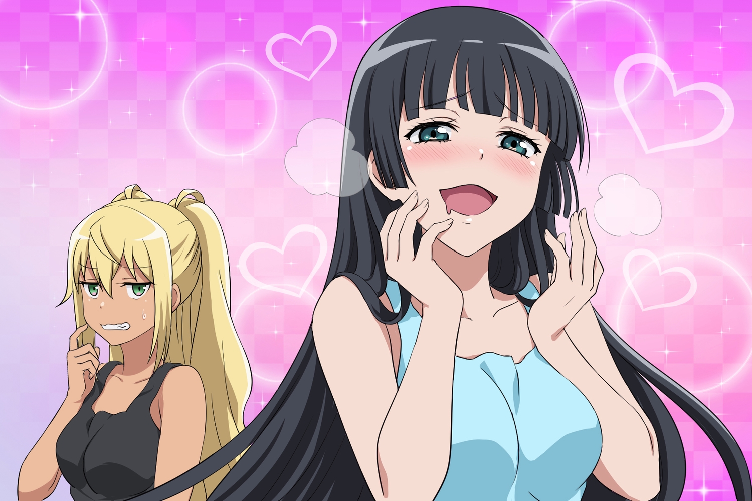 2girls, black_hair, blonde_hair, blush, dark_skin, dumbbell_nan_kilo_moteru?, gradient, green_eyes
