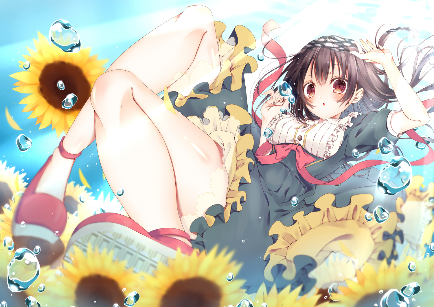 brown_eyes, brown_hair, dress, flowers, long_hair, original, sunflower, tenti0619
