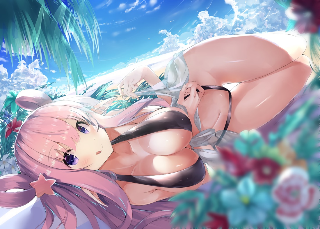beach, blush, clouds, flowers, kashiwazaki_hatsune, long_hair, noto_kurumi, pink_hair, princess_connect!, purple_eyes, sky, swimsuit