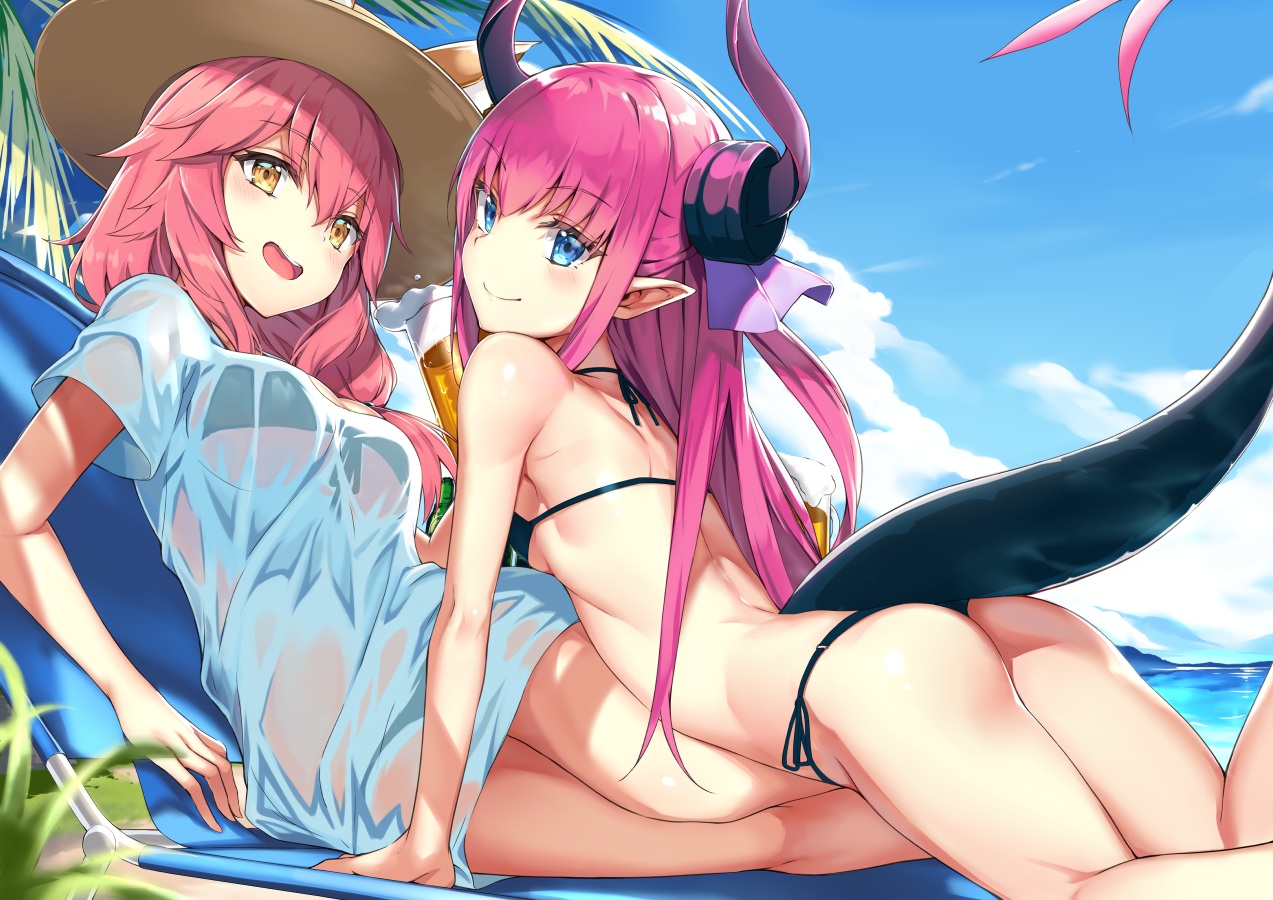 2girls, animal_ears, ass, bikini, blue_eyes, blush, clouds, elizabeth_bathory_(fate), fate/grand_order, fate_(series), foxgirl, hat, horns, long_hair, pink_hair, pointed_ears, sakimiya_mafu, see_through, sky, swimsuit, tamamo_no_mae_(fate)