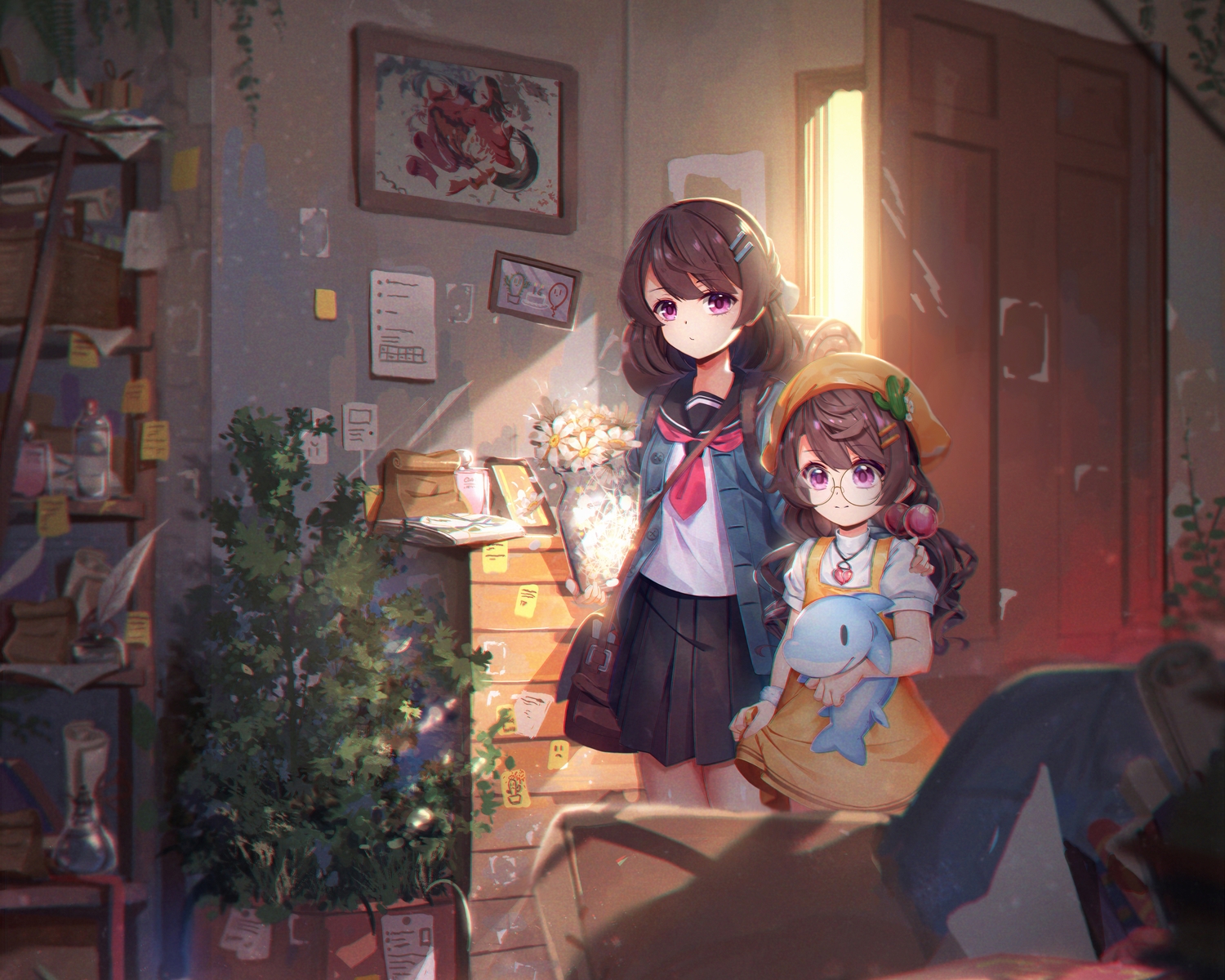 2girls, cropped, daikazoku63, flowers, glasses, loli, original, school_uniform