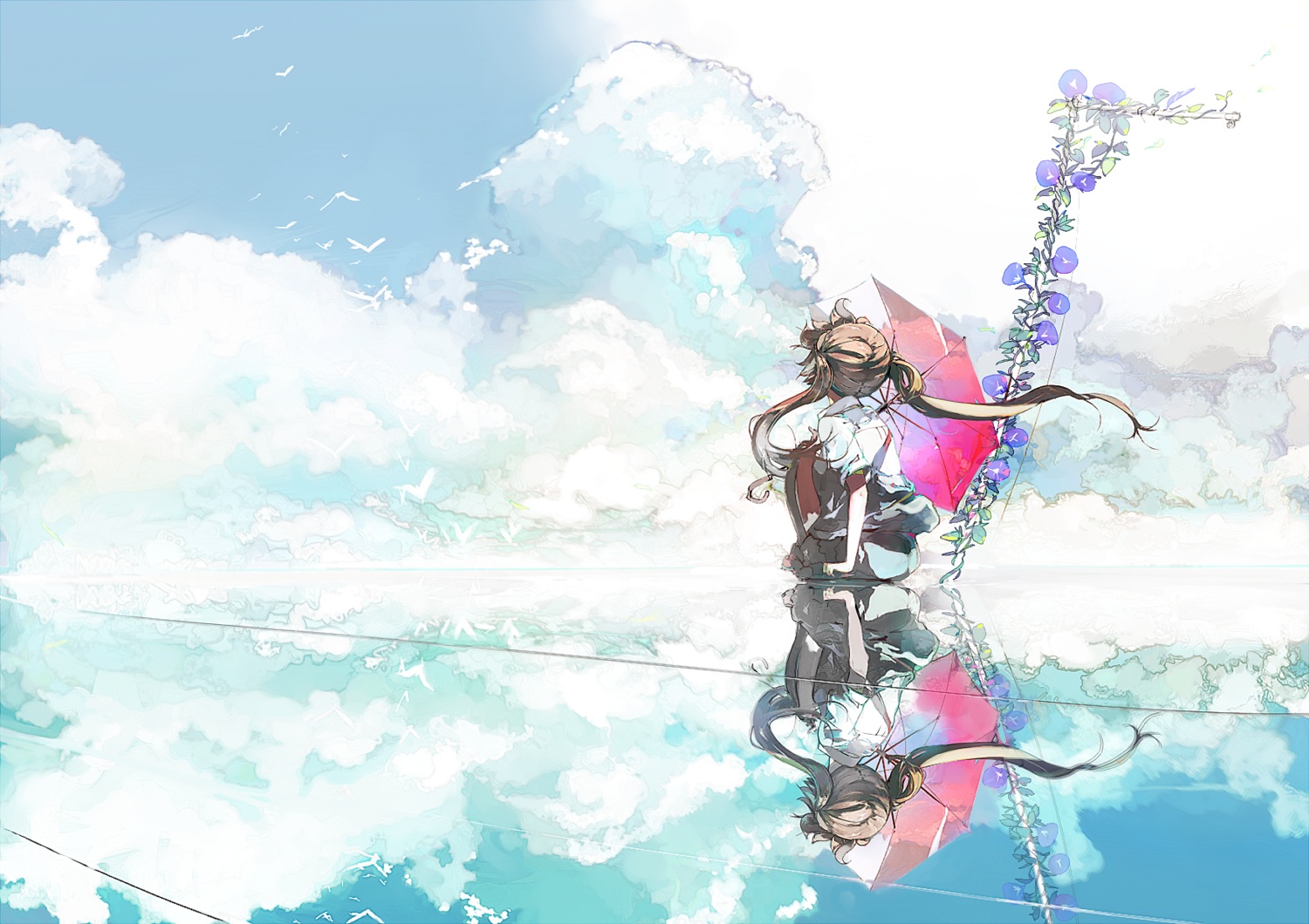animal, bird, brown_hair, clouds, long_hair, original, reflection, sky