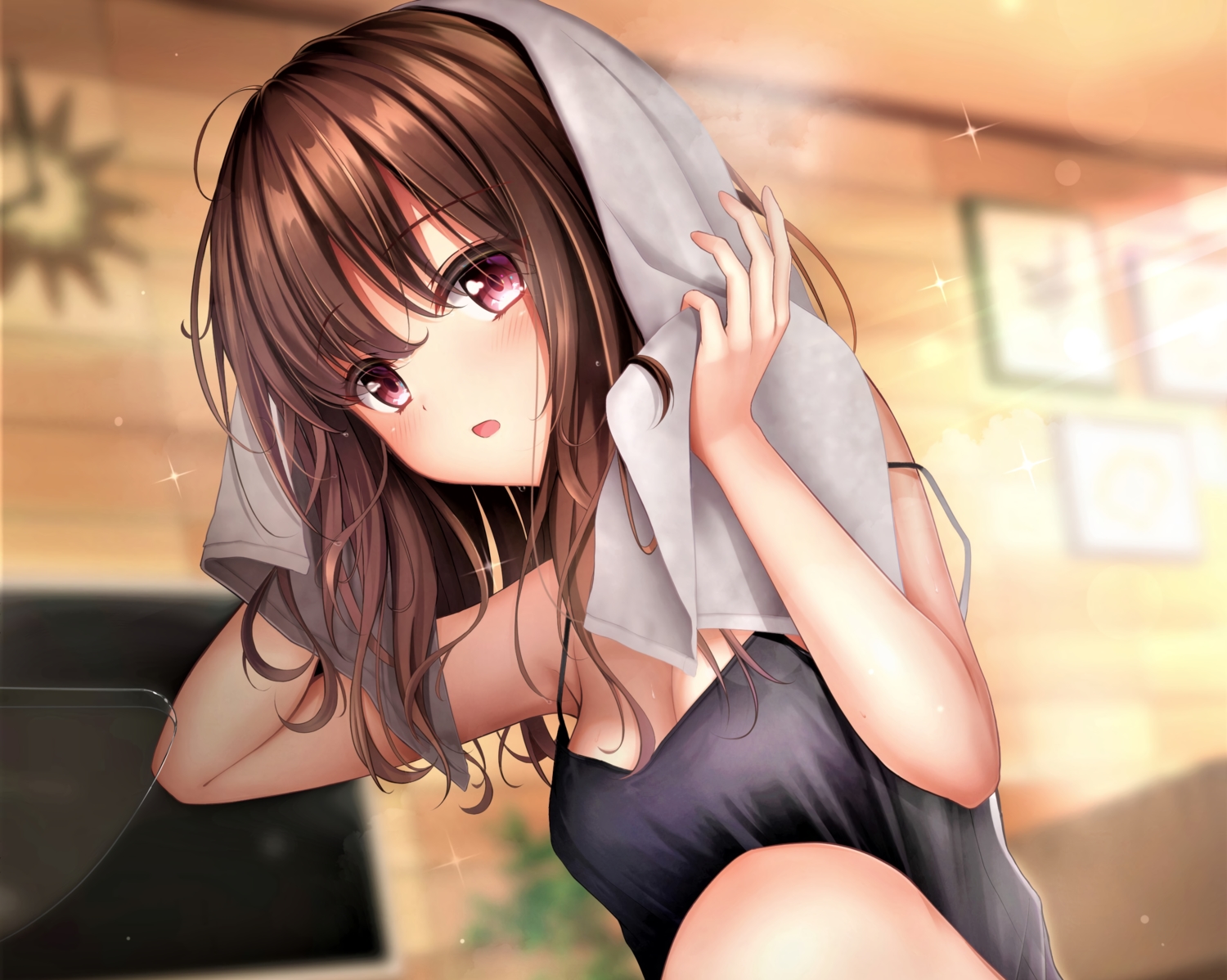 blush, breasts, brown_hair, cleavage, cropped, karu_(qqqtyann), long_hair, original